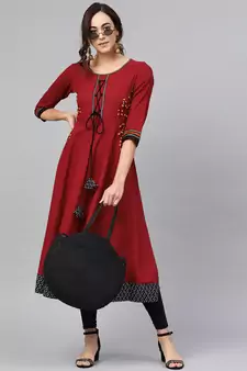Women'S Cotton Slub Embroidered Anarkali Kurta (Maroon)