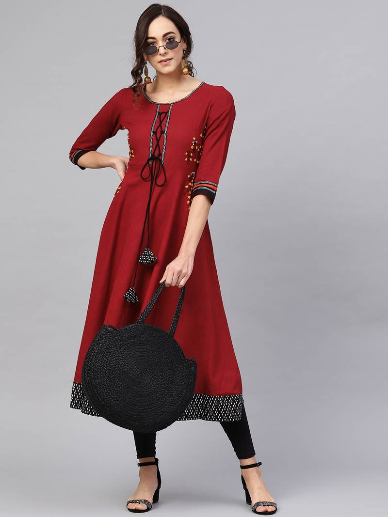 Women'S Cotton Slub Embroidered Anarkali Kurta (Maroon)
