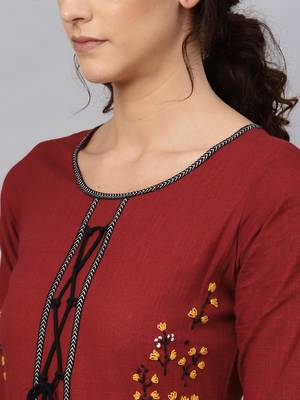 Women'S Cotton Slub Embroidered Anarkali Kurta (Maroon) 5