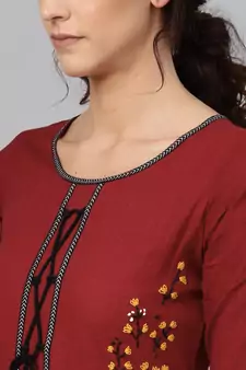 Women'S Cotton Slub Embroidered Anarkali Kurta (Maroon)