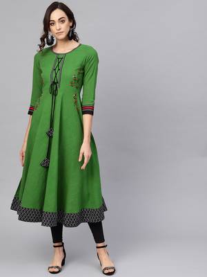 Women'S Cotton Slub Embroidered Anarkali Kurta (Green) 1
