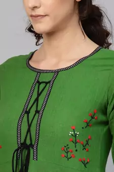 Women'S Cotton Slub Embroidered Anarkali Kurta (Green)