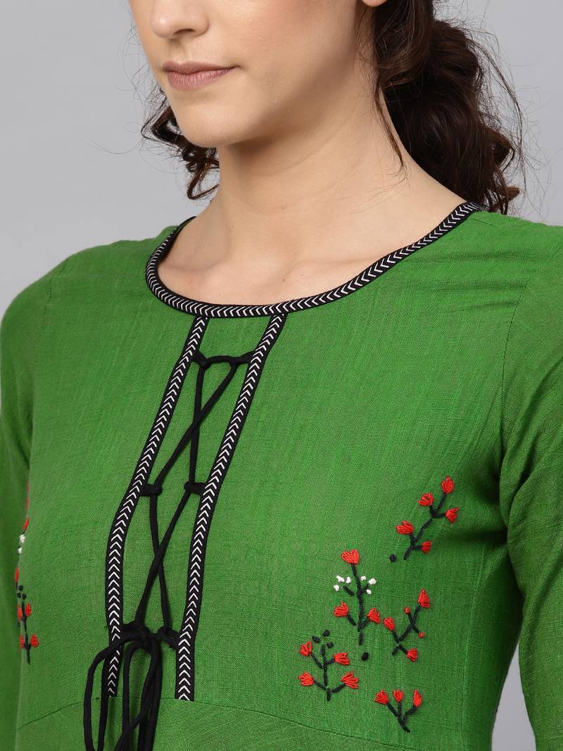 Women'S Cotton Slub Embroidered Anarkali Kurta (Green)