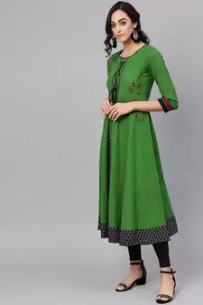 Women'S Cotton Slub Embroidered Anarkali Kurta (Green)