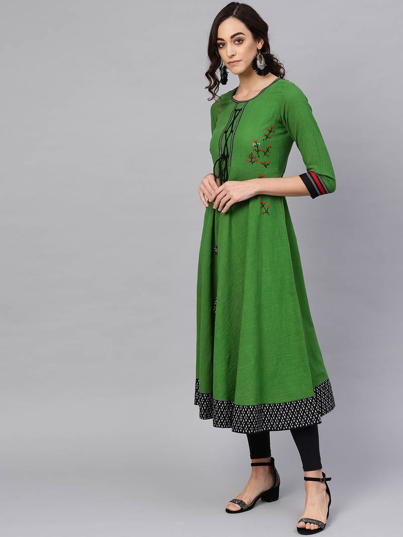 Women'S Cotton Slub Embroidered Anarkali Kurta (Green)