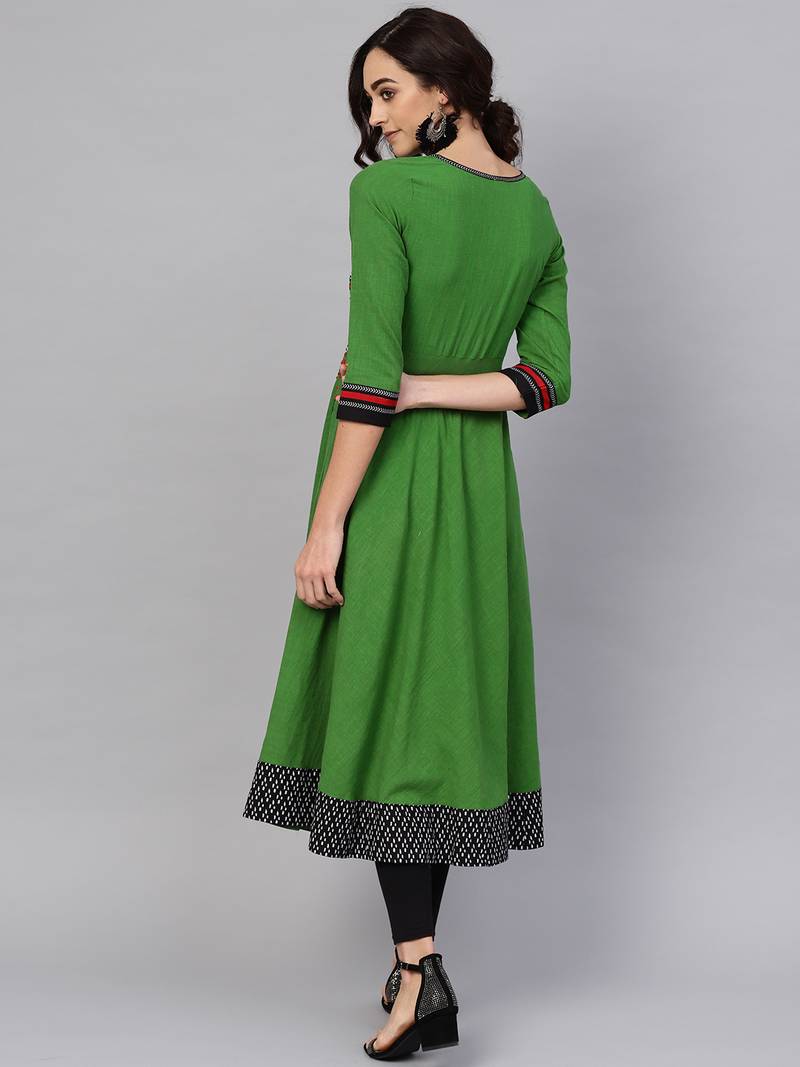 Women'S Cotton Slub Embroidered Anarkali Kurta (Green)