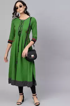 Women'S Cotton Slub Embroidered Anarkali Kurta (Green)
