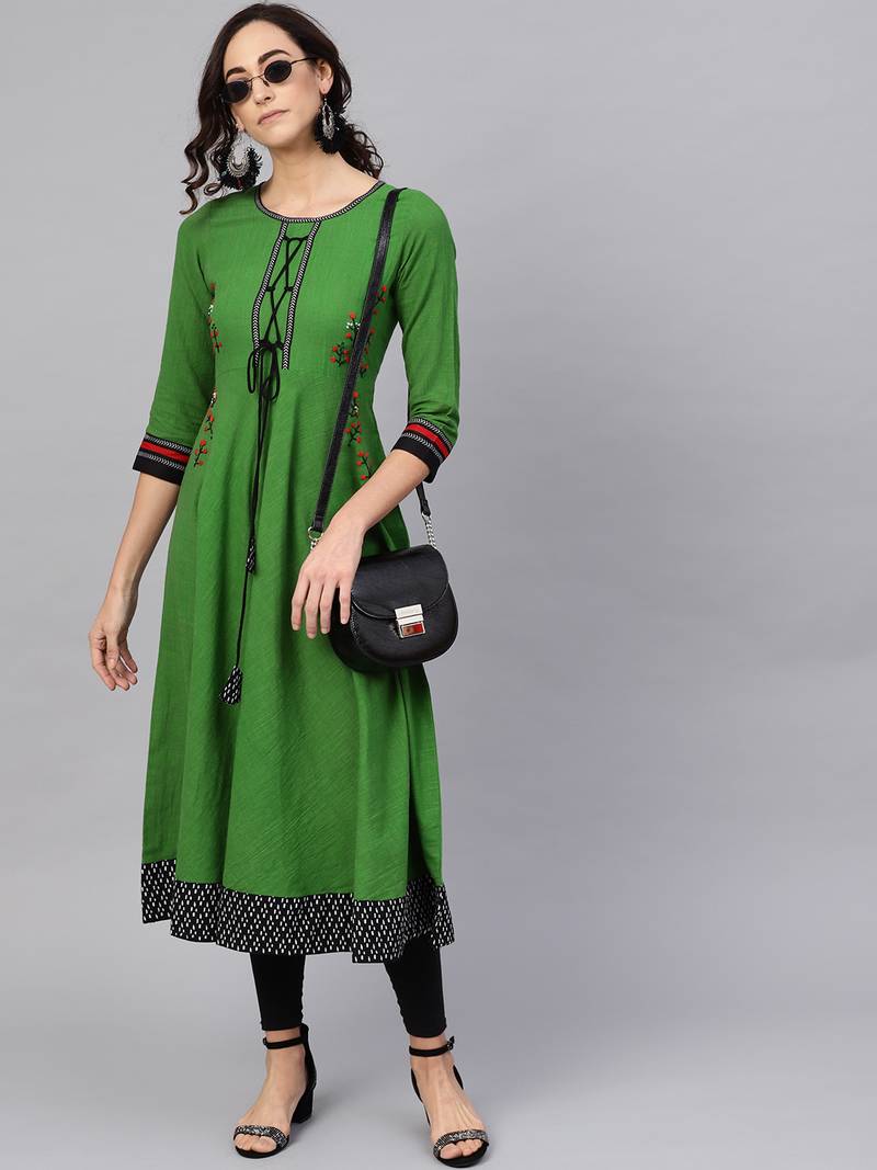 Women'S Cotton Slub Embroidered Anarkali Kurta (Green)