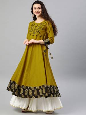 Women'S Cotton Slub Sequin Work Angrakha Kurta (Mustard) 1
