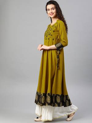 Women'S Cotton Slub Sequin Work Angrakha Kurta (Mustard) 3