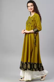 Women'S Cotton Slub Sequin Work Angrakha Kurta (Mustard)