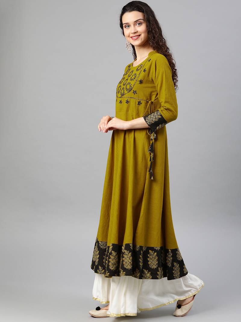 Women'S Cotton Slub Sequin Work Angrakha Kurta (Mustard)