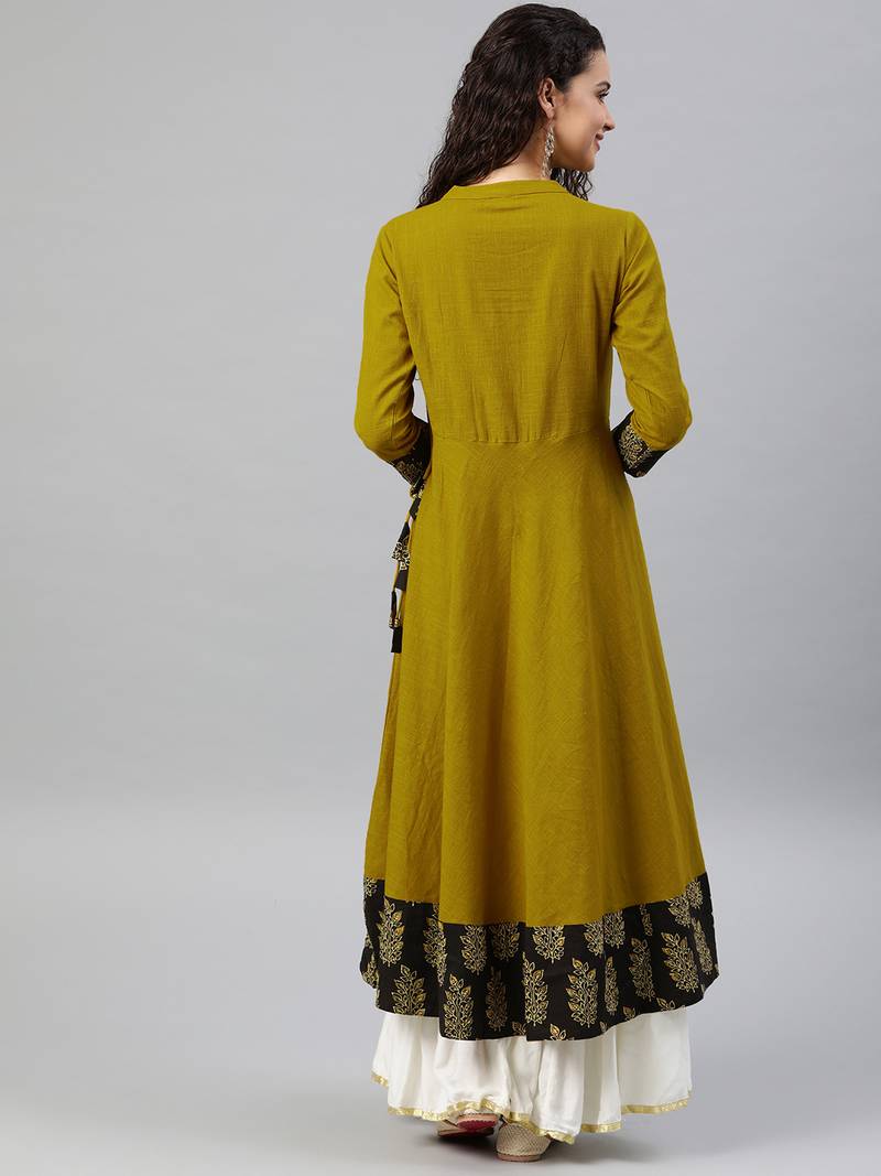 Women'S Cotton Slub Sequin Work Angrakha Kurta (Mustard)