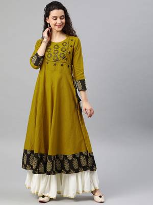 Women'S Cotton Slub Sequin Work Angrakha Kurta (Mustard) 5