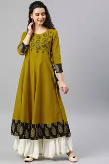 Women'S Cotton Slub Sequin Work Angrakha Kurta (Mustard)