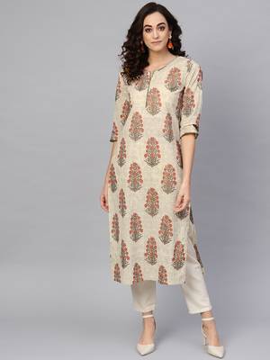 Women'S Cotton Cambric Sequin Work Straight Kurta (Beige) 1