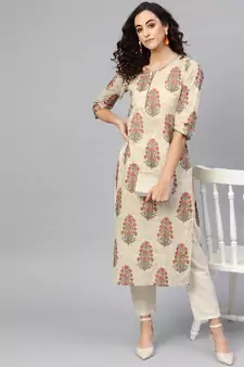 Women'S Cotton Cambric Sequin Work Straight Kurta (Beige)