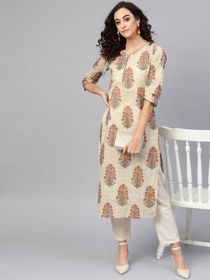 Women'S Cotton Cambric Sequin Work Straight Kurta (Beige)