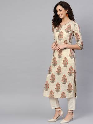 Women'S Cotton Cambric Sequin Work Straight Kurta (Beige) 4