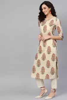 Women'S Cotton Cambric Sequin Work Straight Kurta (Beige)