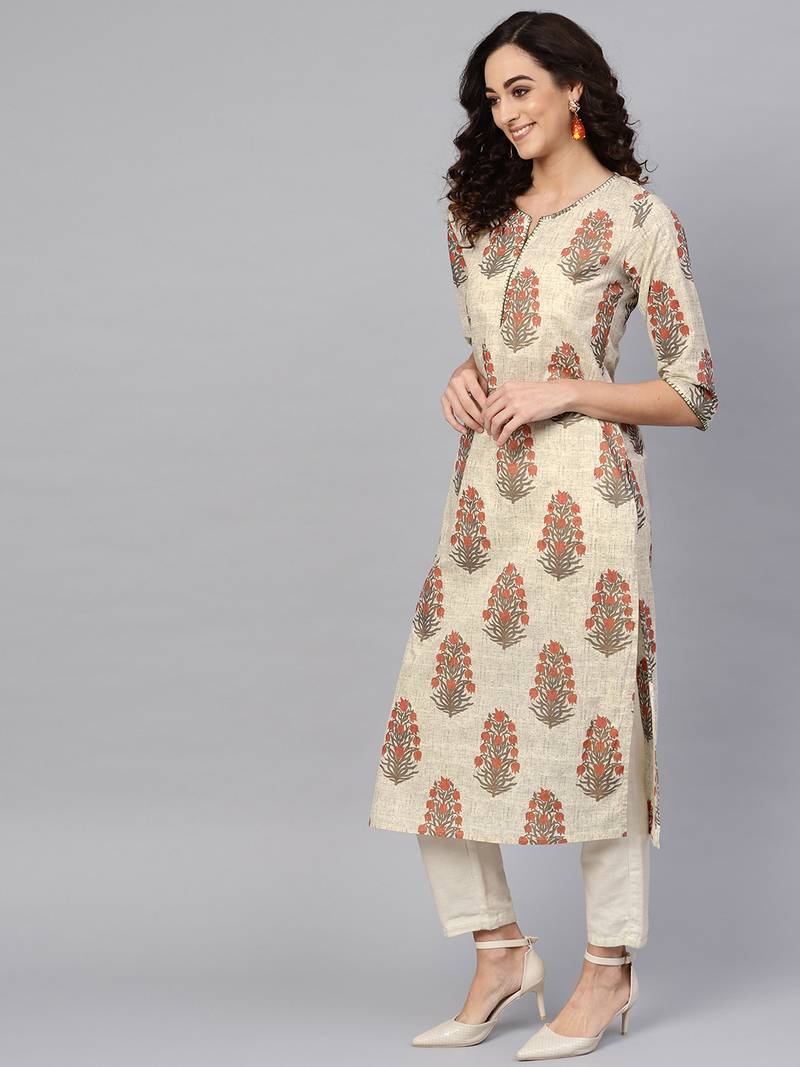 Women'S Cotton Cambric Sequin Work Straight Kurta (Beige)