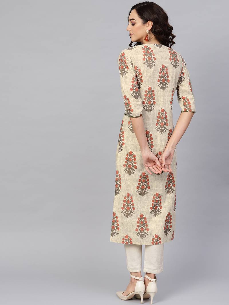 Women'S Cotton Cambric Sequin Work Straight Kurta (Beige)