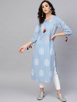 Women'S Cotton Cambric Sequin & Thread Work Straight Kurta (Blue) 1