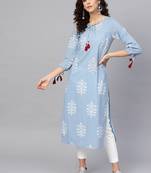 Women'S Cotton Cambric Sequin & Thread Work Straight Kurta (Blue)