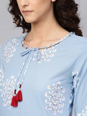 Women'S Cotton Cambric Sequin & Thread Work Straight Kurta (Blue) 2