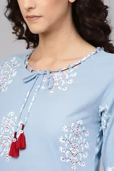 Women'S Cotton Cambric Sequin & Thread Work Straight Kurta (Blue)
