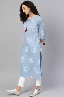 Women'S Cotton Cambric Sequin & Thread Work Straight Kurta (Blue)