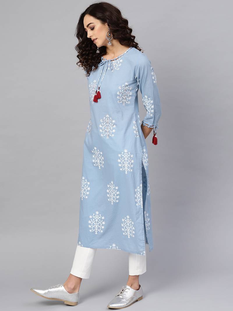 Women'S Cotton Cambric Sequin & Thread Work Straight Kurta (Blue)