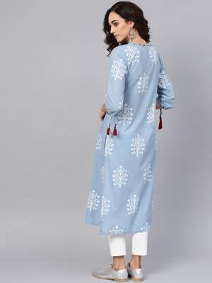 Women'S Cotton Cambric Sequin & Thread Work Straight Kurta (Blue) 4