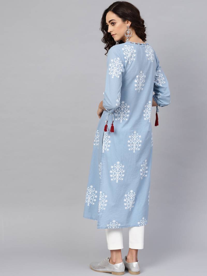 Women'S Cotton Cambric Sequin & Thread Work Straight Kurta (Blue)