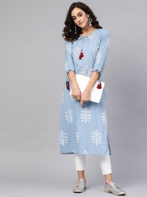Women'S Cotton Cambric Sequin & Thread Work Straight Kurta (Blue) 5
