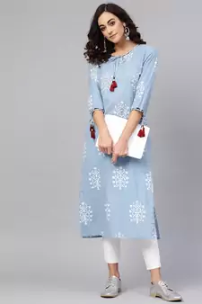 Women'S Cotton Cambric Sequin & Thread Work Straight Kurta (Blue)