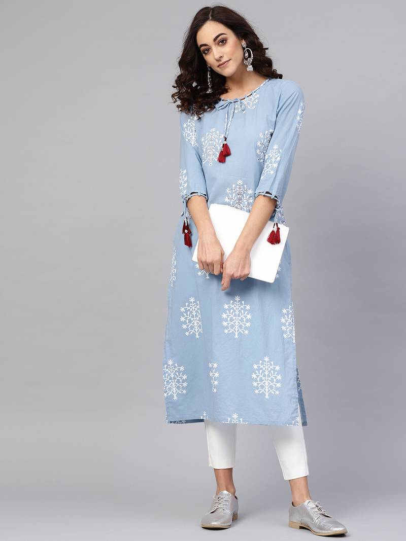 Women'S Cotton Cambric Sequin & Thread Work Straight Kurta (Blue)