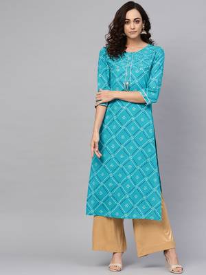 Women'S Cotton Cambric Bandhej Print Gotta Work Straight Kurta (Blue) 1