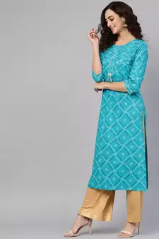 Women'S Cotton Cambric Bandhej Print Gotta Work Straight Kurta (Blue)