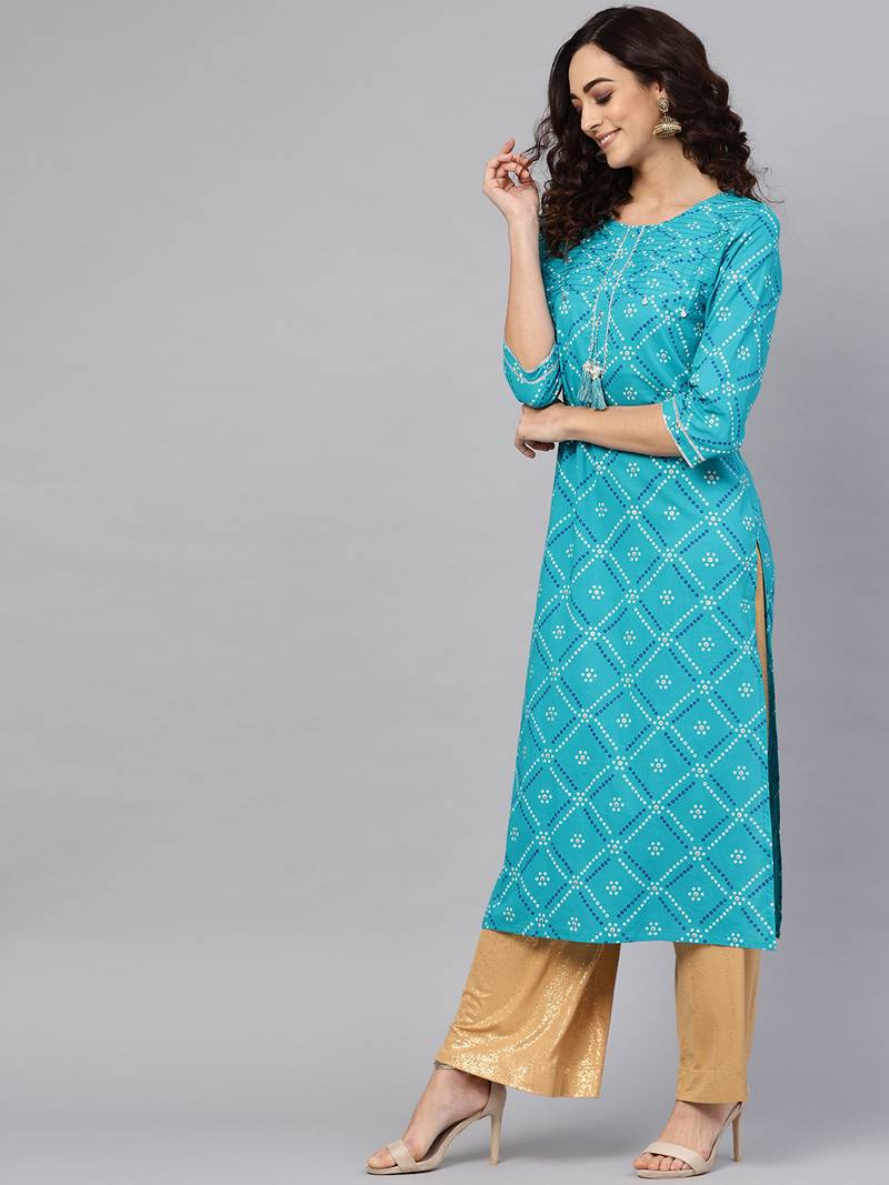 Women'S Cotton Cambric Bandhej Print Gotta Work Straight Kurta (Blue)
