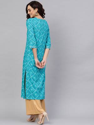 Women'S Cotton Cambric Bandhej Print Gotta Work Straight Kurta (Blue) 3