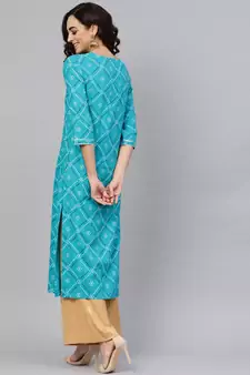 Women'S Cotton Cambric Bandhej Print Gotta Work Straight Kurta (Blue)