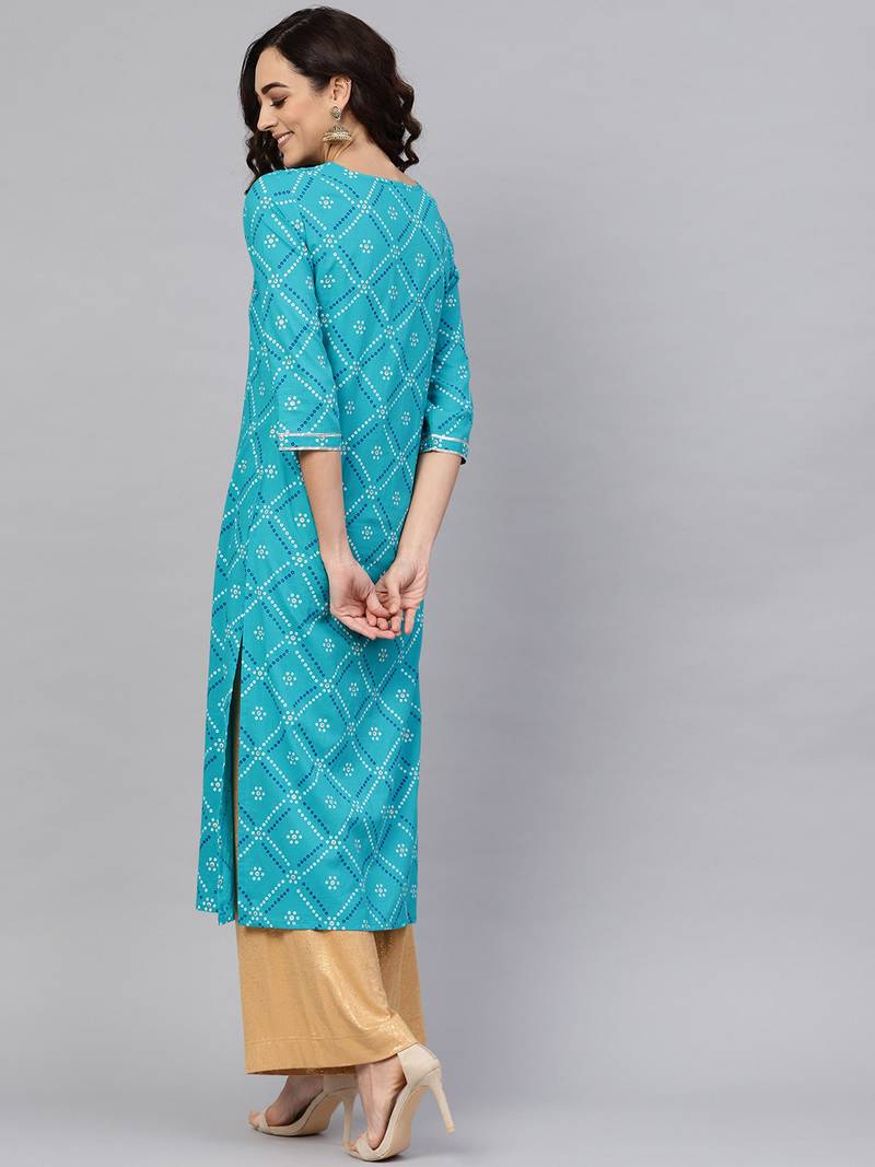 Women'S Cotton Cambric Bandhej Print Gotta Work Straight Kurta (Blue)