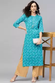 Women'S Cotton Cambric Bandhej Print Gotta Work Straight Kurta (Blue)
