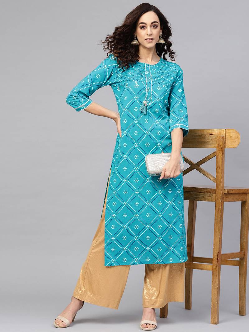 Women'S Cotton Cambric Bandhej Print Gotta Work Straight Kurta (Blue)
