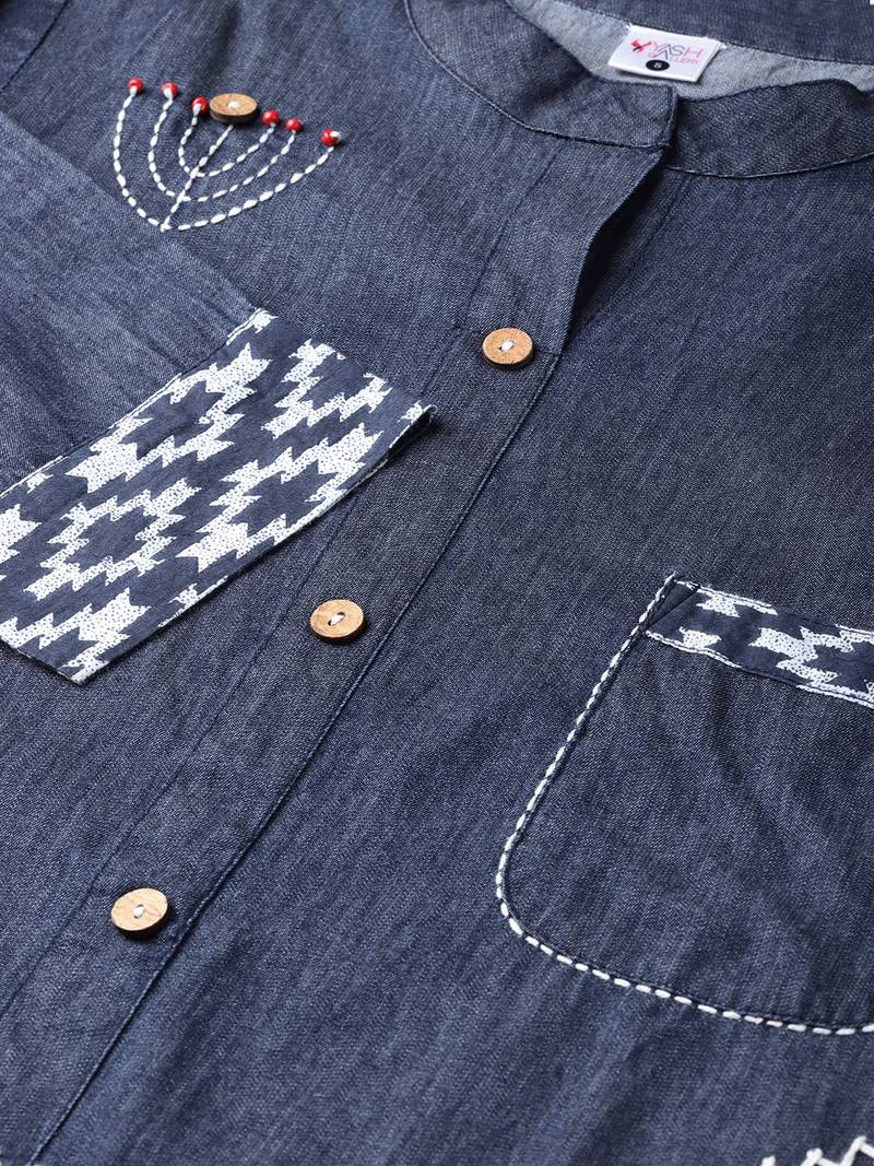 Women'S Embroidered A-Line Denim Kurta (Blue)