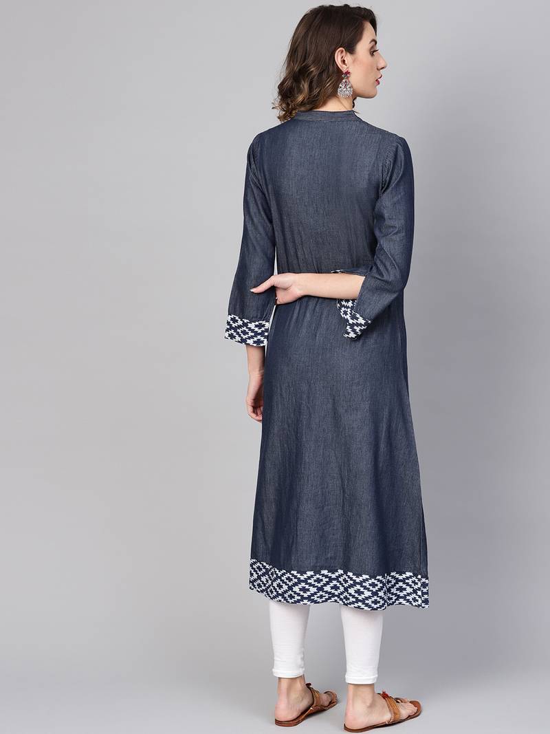 Women'S Embroidered A-Line Denim Kurta (Blue)