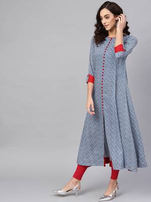 Blue Rayon Geometric Printed A-Line Long Kurti 3