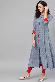 Blue Rayon Geometric Printed A-Line Long Kurti