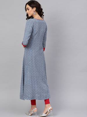 Blue Rayon Geometric Printed A-Line Long Kurti 4